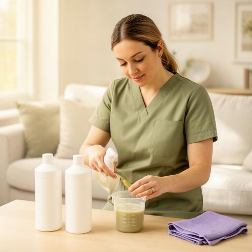 Dulors Mirnar preparando productos biodegradables para una limpieza de sofá en un domicilio