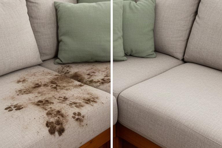 Sofá esquinero de hogar lucentino con manchas de barro antes y después de la limpieza