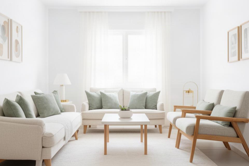 Salón de apartamento turístico en Lucena con tapicería clara preparada para nuevos huéspedes