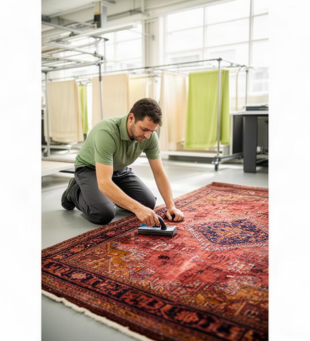 Técnica limpiando una alfombra persa de tonos rojizos en un taller luminoso de Lucena
