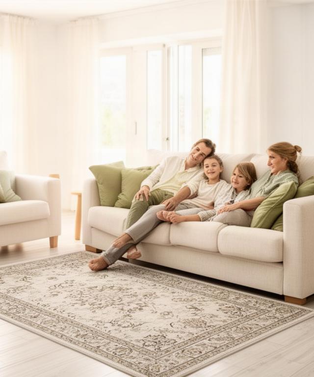 Salón luminoso de una vivienda de Lucena con sofá de tela limpia y familia sentada junto a una alfombra decorativa