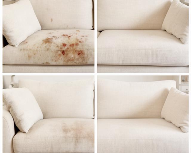 Comparativa de un sofá de tela clara antes y después de retirar manchas de comida en una vivienda