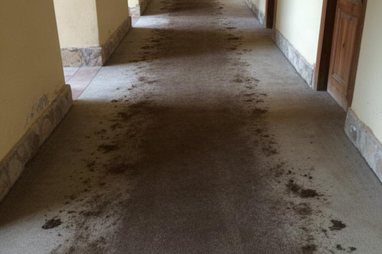 Pasillo de hotel rural en Zuheros con moqueta oscurecida por ocho años de tránsito y manchas de barro