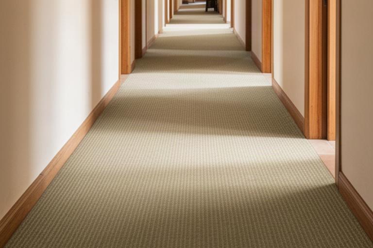 Pasillo de hotel rural en Zuheros con moqueta recuperada, fibras definidas y superficie uniforme