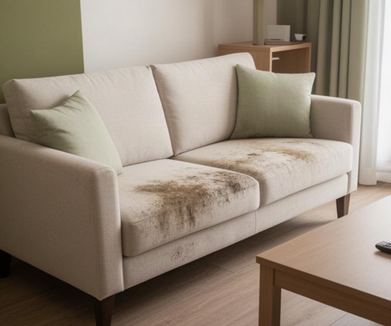 Sofá claro con manchas visibles en el salón de un apartamento turístico